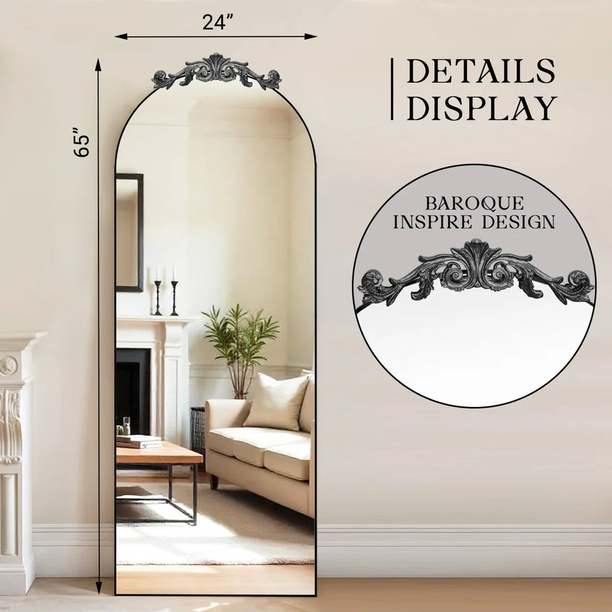 24x65 Inch Vintage Arch Accent Full Length Wall/Floor Mirror