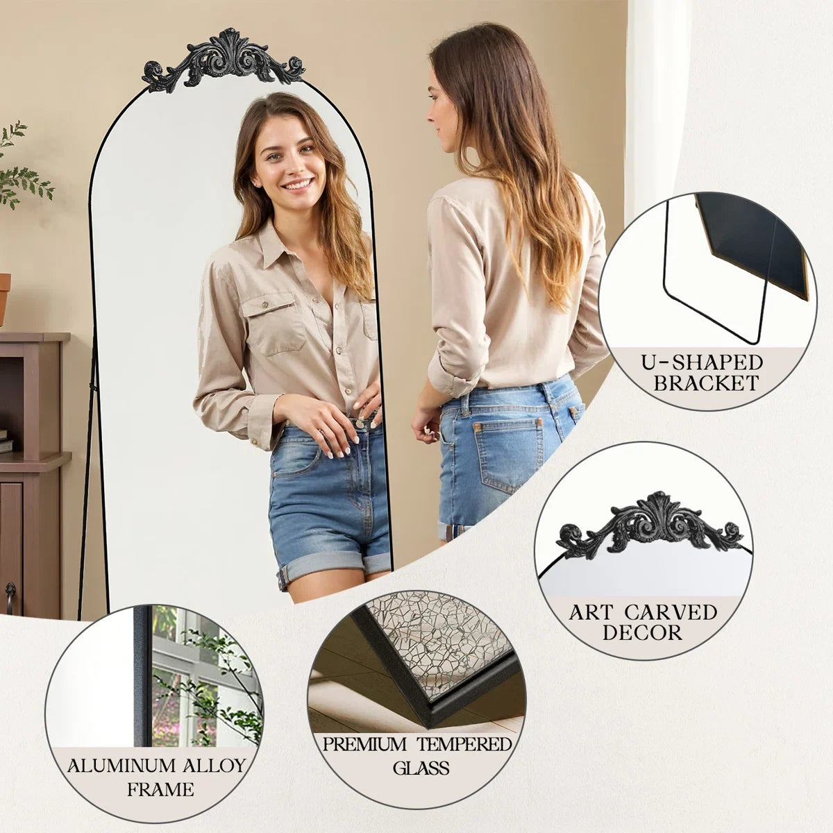 24x65 Inch Vintage Arch Accent Full Length Wall/Floor Mirror